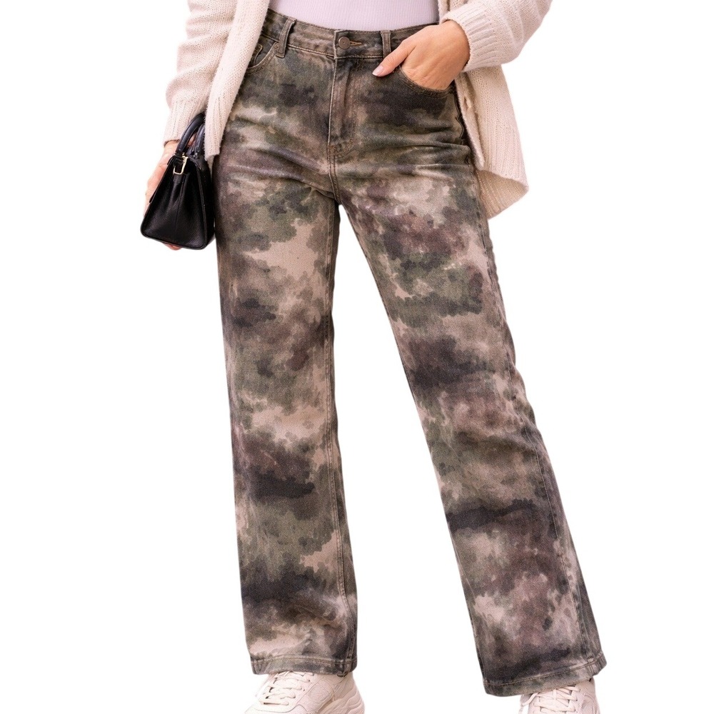 Piral Women Green Grey Tie Dye Camo Straight Leg Jeans High Rise Size M NWT